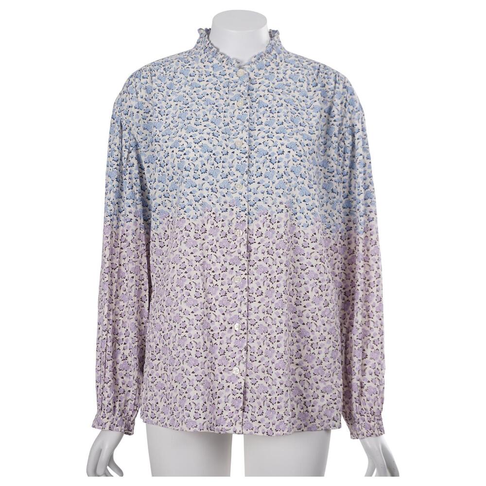 NWT Style & Co Top S Blue Purple Floral Ruffle Mock Neck Long Sleeve Button Up